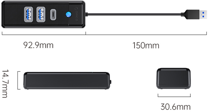 Hub USB Orico 2 x USB 3.0 + USB-C Czarny (PWC2U-U3-015-BK-EP) - obraz 5