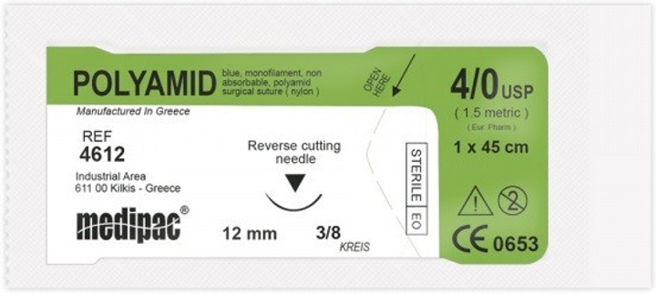 Шовный материал ПОЛИАМИД (POLYAMID), нерассасывающийся, монофиламентный, обратно-режущая игла (4/0 игла 16 мм, 3/8, Medipac, шовный материал), 7610-1307 - изображение 1