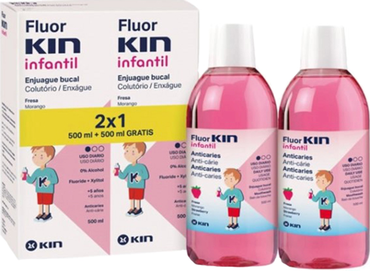 Ополіскувач для порожнини рота для дітей Kin Fluorkin Strawberry Children's Mouthwash 2x500 мл (8436026214244) - зображення 1