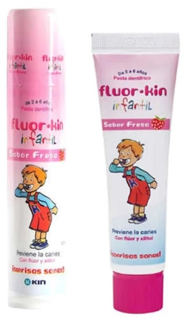 Pasta do zębów dla dzieci z dozownikiem Fluor Kin Childish Toothpaste Strawberry Flavor 150 ml (8470003045353) - obraz 1