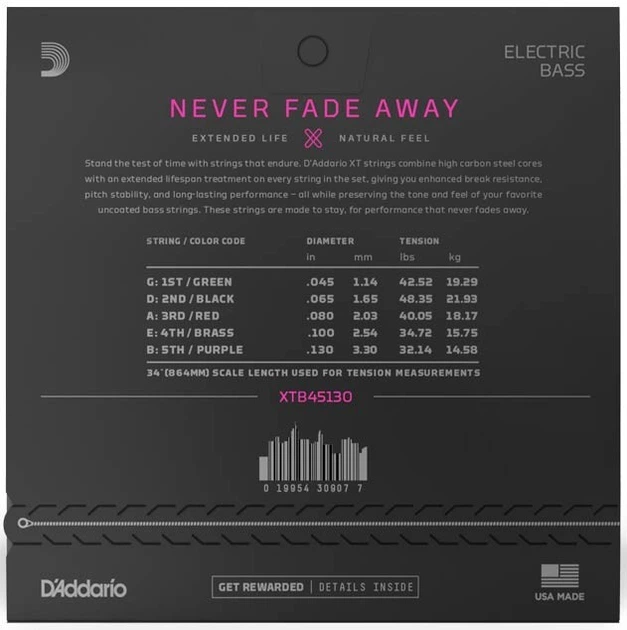 Струни для бас-гітари D'Addario XTB45130 XT BASS NICKEL PLATED STEEL REGULAR LIGHT 5-STRING (45-130) - зображення 3