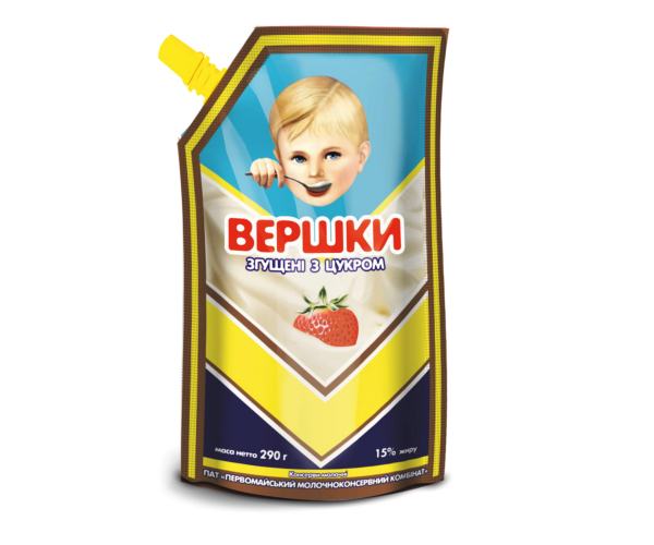 Вершки згущені з цукром 15% жиру 290 г ТМ "Первомайський МКК" - Фото 1 Вершки згущені з цукром 15% жиру 290 г ТМ "Первомайський МКК" - зображення 1