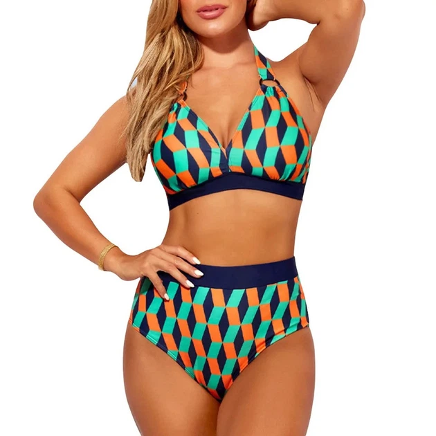 Купальник женский раздельный больших размеров с высокой талией цветной ...