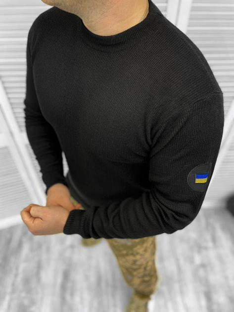Чоловічий в'язаний светр з вишивкою прапором на рукаві / Тепла кофта чорна розмір M - зображення 2