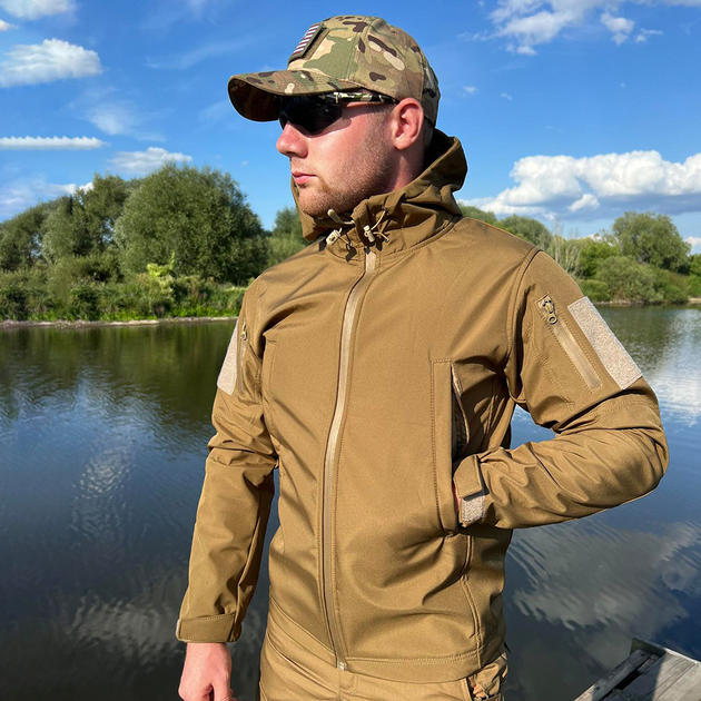 Мужская водонепроницаемая куртка Softshell с капюшоном и липучками под шевроны койот размер M - изображение 2