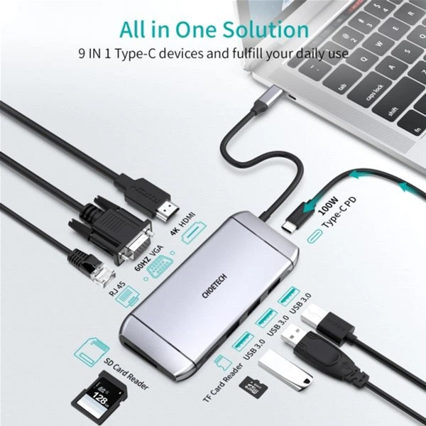 Stacja dokująca Choetech USB-C 9-w-1 (HUB-M15-GY) - obraz 3