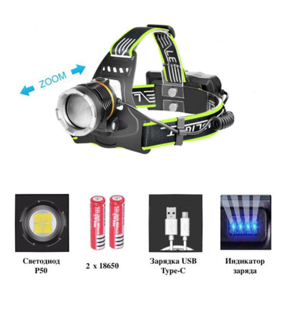 Аккумуляторный налобный фонарик BL-A7 с диодом P50 с зумом (зарядка USB-TypeC) Black - изображение 6