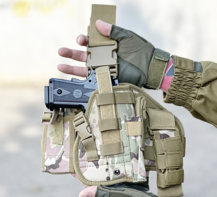 Настегнана тактична кобура для пістолета Tactic універсальна кобура на пояс з кишенею під магазин Мультикам (holster-1019-multicam) - зображення 1