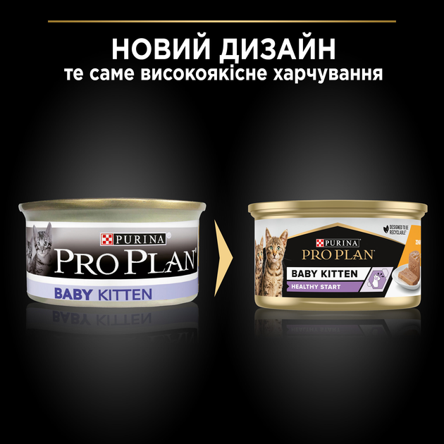 Упаковка вологого корму для кошенят після відлучення від матері Purina Pro Plan Baby Kitten Healthy Start мус з куркою 85 г х 24 шт (8445290673701/7613036693479) - зображення 6