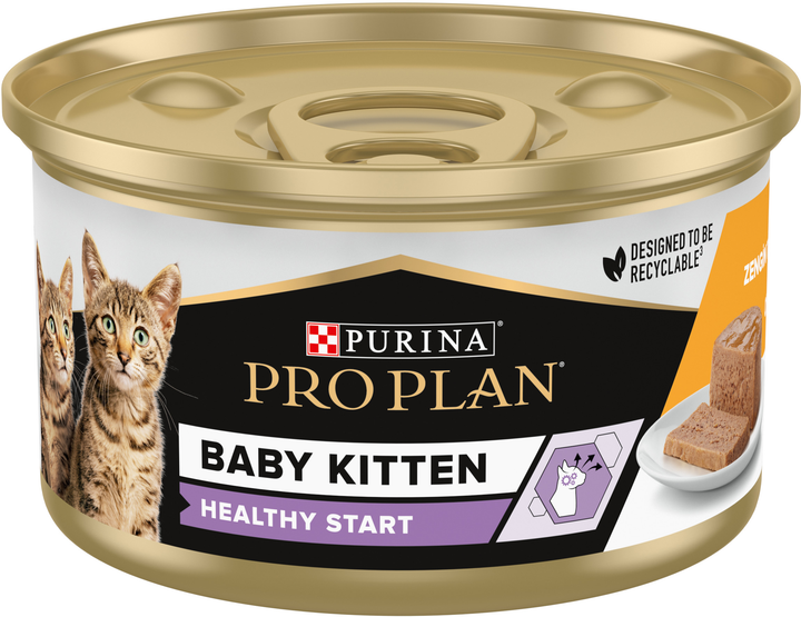 Упаковка вологого корму для кошенят після відлучення від матері Purina Pro Plan Baby Kitten Healthy Start мус з куркою 85 г х 24 шт (8445290673701/7613036693479) - зображення 3