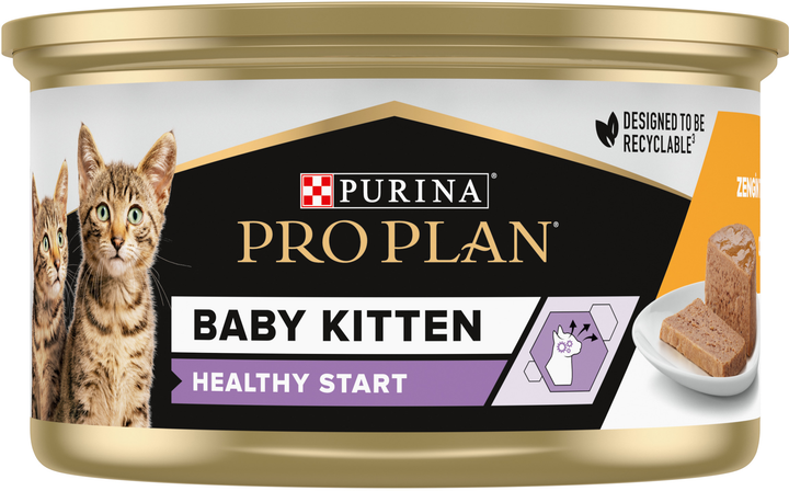 Упаковка вологого корму для кошенят після відлучення від матері Purina Pro Plan Baby Kitten Healthy Start мус з куркою 85 г х 24 шт (8445290673701/7613036693479) - зображення 4
