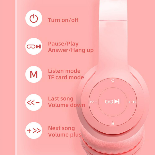 Беспроводные Bluetooth наушники с кошачьими ушками полноразмерные CAT-ear CEP47-M с LED подсветкой и MicroSD, microUSB, AUX Pink - изображение 7