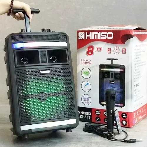 Портативна Bluetooth колонка KIMISO з мікрофоном 839QS 8" BASS бумбокс валіза з різнобарвним LED підсвічуванням + пульт - Фото 5 Портативна Bluetooth колонка KIMISO з мікрофоном 839QS 8" BASS бумбокс валіза з різнобарвним LED підсвічуванням + пульт - зображення 5