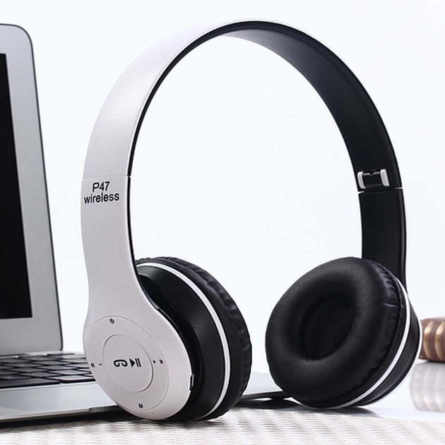 Бездротові навушники Bluetooth Wireless Headset MDR P47 Black Гарнітура для ПК, телефону з мікрофоном - microSD, FM White - зображення 8