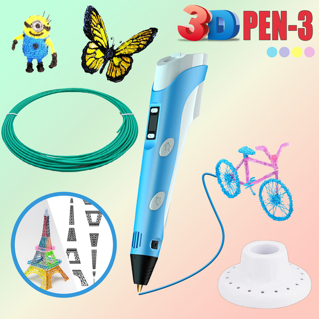 3D ручка c LCD дисплеем 3DPen Hot Draw 3 Blue+Досточка+Ножницы+Комплект эко пластика для рисования 209 метров - изображение 8
