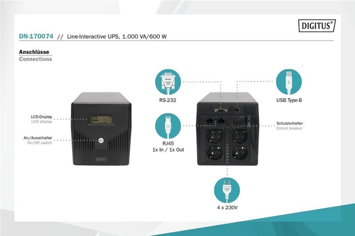 UPS Digitus Line-Interactive 1000VA/600W (DN-170074) - obraz 5