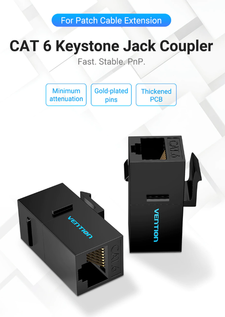 З'єднувач витої пари RJ45 Vention IPVW0 Cat6 Cat5e роз'єм-подовжувач Ethernet Black - Фото 2 З'єднувач витої пари RJ45 Vention IPVW0 Cat6 Cat5e роз'єм-подовжувач Ethernet Black - зображення 2