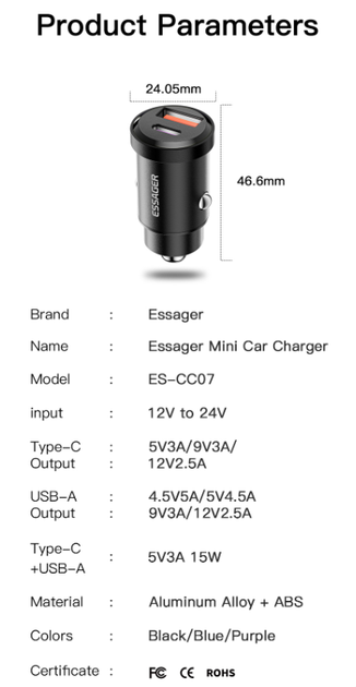 Автомобильное зарядное устройство Essager ES-CC07 30W USB+Type-C PD+QC3.0 Черный - Фото 9 Автомобильное зарядное устройство Essager ES-CC07 30W USB+Type-C PD+QC3.0 Черный - изображение 9