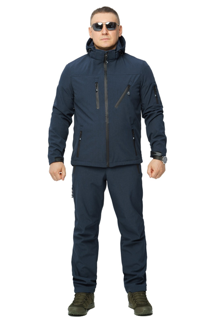 Костюм мужской демисеонный Soft shel на флисе темно синий меланж 46 брюки куртка с капюшоном воддонепроницаемый и ветронепродуваемый защита от непогоды - изображение 1