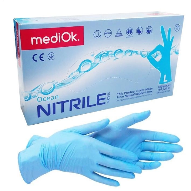 Перчатки нитриловые неопудренные MediOk синие L 50 пар - изображение 1