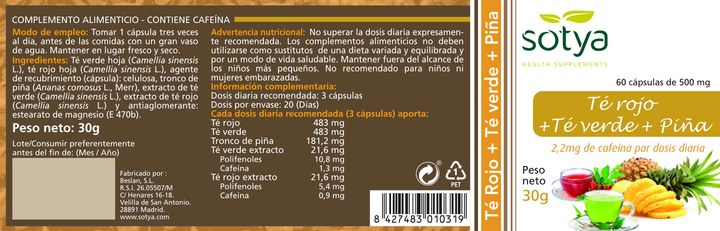 Suplement diety Sotya Green Tea, Red Tea and Pineapple 500 mg 60 kapsułek (8427483010319) - obraz 3