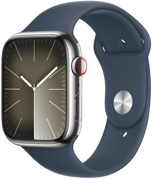 Смарт-годинник Apple Watch Series 9 GPS + Cellular 45mm Silver Stainless Steel Case with Storm Blue Sport Band - S/M (MRMN3) - зображення 1