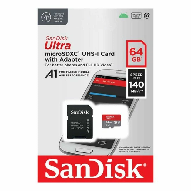 Карта пам'яті microSDXC (UHS-1) SanDisk Ultra 64Gb class 10 A1 (140Mb/s) (adapter SD) (SDSQUAB-064G-GN6MA) - изображение 2