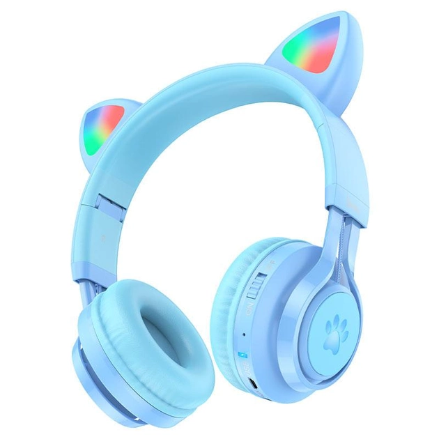 Бездротові навушники Hoco W39 | Bluetooth 5.3, AUX, 10H, RGB підсвічування | котячі вушка Blue - Фото 1 Бездротові навушники Hoco W39 | Bluetooth 5.3, AUX, 10H, RGB підсвічування | котячі вушка Blue - зображення 1