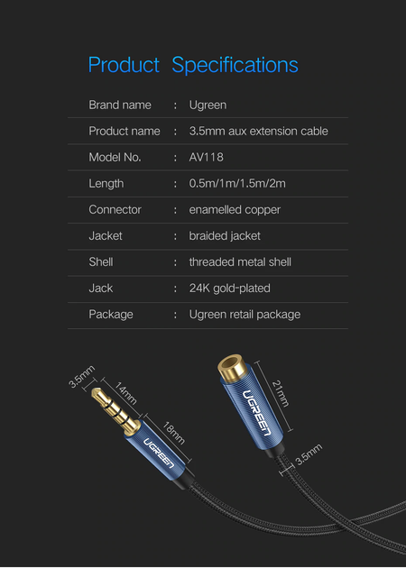 Кабель аудио Ugreen AV118 AUX 3.5 mm 2m Черный (40675) - изображение 10