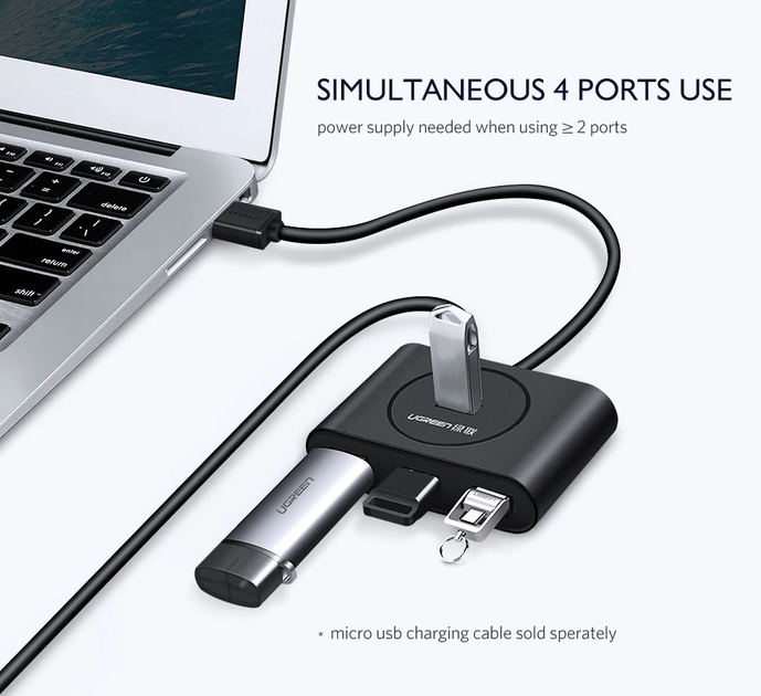 USB-хаб UGREEN розширювач із входом USB-A HUB адаптер (USB 3.0, 5 Gbps, 0.5m). Black - зображення 8