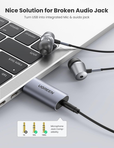 Внешняя звуковая карта UGREEN CM383 Audio Adapter USB 2.0 to 3.5mm Grey (80864) - изображение 4
