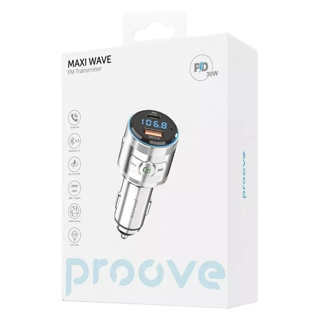 Автомобильный FM-трансмиттер модулятор Proove FM Launcher Maxi Wave 30W (PD+QC3.0) Type-C+USB | Silver - изображение 6