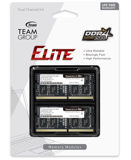 Память для ноутбуков DDR4 SO-DIMM 64GB (2 x 32GB) TEAM Elite 3200