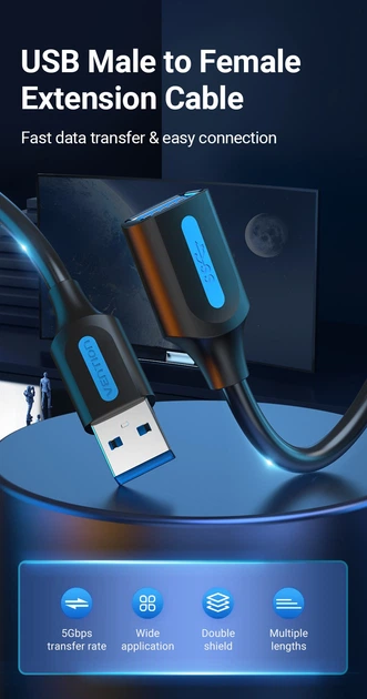 Удлинитель USB-USB 3.0 Vention F/M PVC Round 5Gbps 0.5m Black (CBHBD) - изображение 7