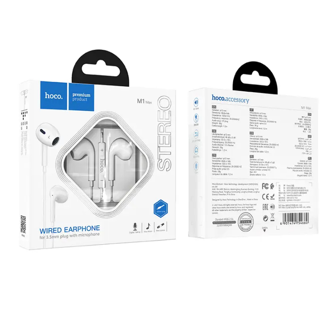 Провідні навушники гарнітура HOCO Max crystal earphones 3.5mm White - Фото 2 Провідні навушники гарнітура HOCO Max crystal earphones 3.5mm White - зображення 2