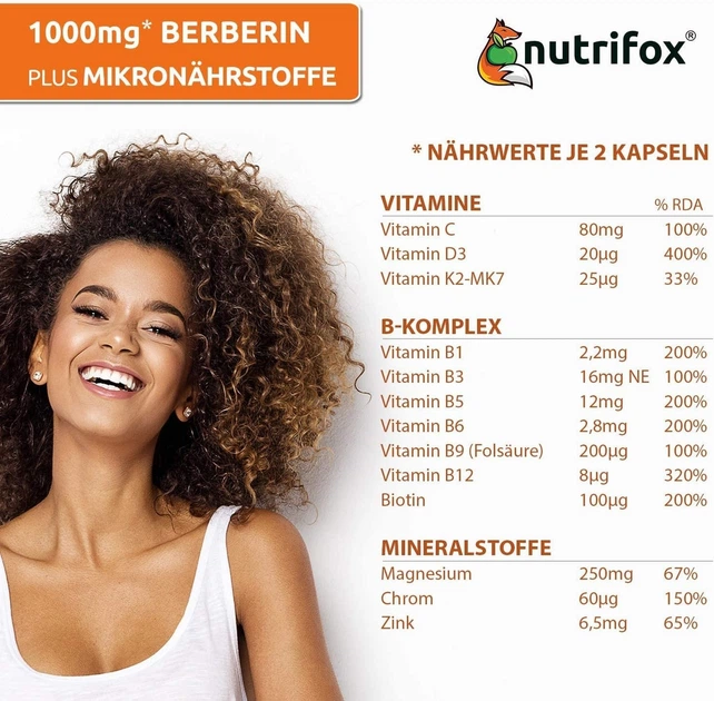 Берберин (цинк, хром, магний, B12, B6, фолиевая кислота) 500 мг Nutrifox – 120 капсул - изображение 3