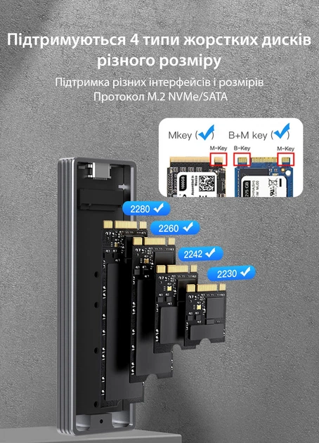 Зовнішня портативна кишеня для M.2 SSD NVMe (PCIe) / NGFF (Sata) Type-C USB 3.1 Gen 2 Blueendless 2807SN - зображення 2