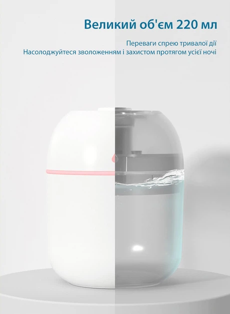 Ультразвуковий міні-зволожувач повітря безшумний з LED підсвічуванням 220 мл Axacam WD-220 White - зображення 8