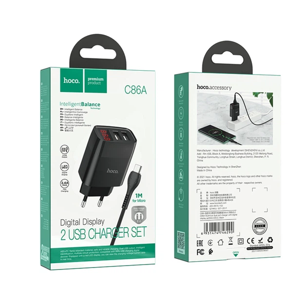 Зарядний пристрій HOCO MicroUSB Cable 1m Illustrious dual port charger (2*USB, 2.4А, 1м;) C86A - зображення 4
