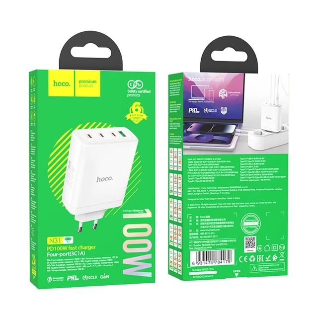 Зарядний пристрій HOCO N31 Leader PD100W four-port(3C1A) fast charger White - Фото 3 Зарядний пристрій HOCO N31 Leader PD100W four-port(3C1A) fast charger White - зображення 3