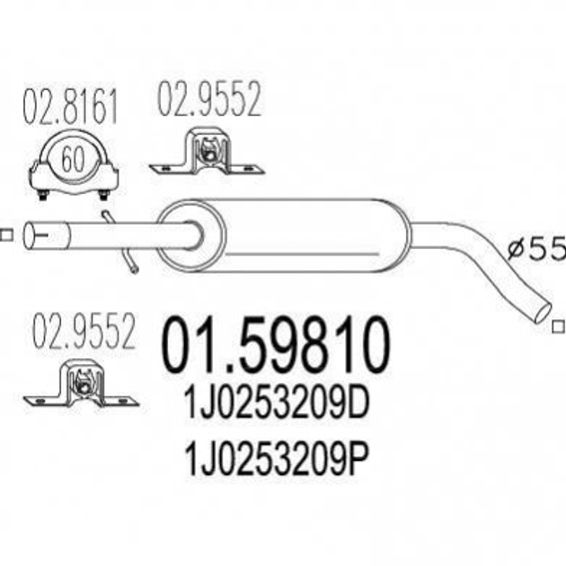 Глушитель средний MTS 0159810 Audi A3; Skoda Octavia; Volkswagen Bora, Golf; Seat Leon, Toledo 1J0253209D, 1J0253209C, 1J0253209P - изображение 1