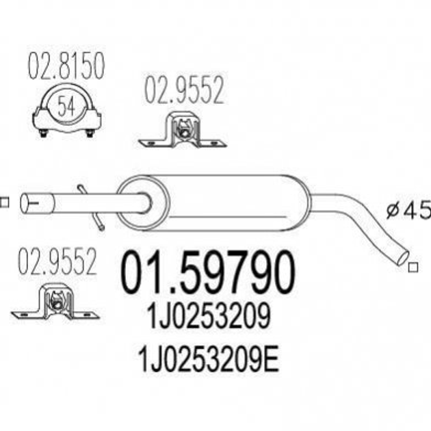 Глушитель средний MTS 0159790 Volkswagen Golf, Bora; Seat Leon, Toledo; Audi A3; Skoda Octavia 1J0253209G, 1J0253209F, 1J0253209E - изображение 1