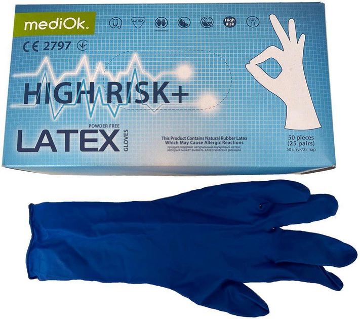 Рукавички латексні неопудрені Mediok High Risk двосторонні Розмір XL 50 шт Сині (4044941730776) - зображення 1