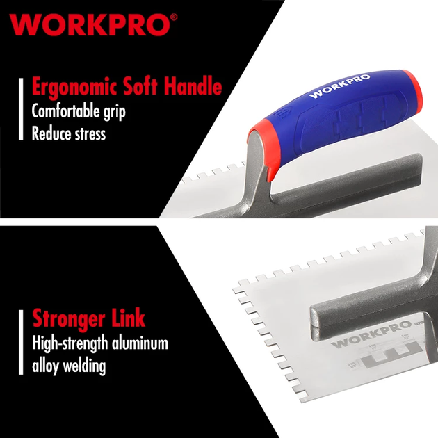 Гладилка зубчаста WORKPRO 6*6 мм, 280×130 мм, нержавіюча сталь, м'яка ручка PRO WP323001 - Фото 3 Гладилка зубчаста WORKPRO 6*6 мм, 280×130 мм, нержавіюча сталь, м'яка ручка PRO WP323001 - зображення 3