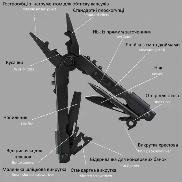 Мультитул Сапера Clefers MULTI600 13в1 - Пасатіжи, Гострий конус-спиця, Ніж, Пилка, Викруткі (5002479) - зображення 4