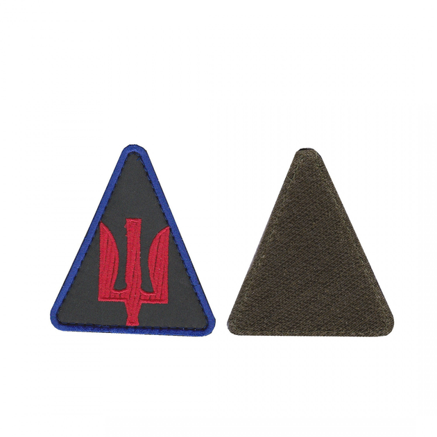 Шеврон патч на липучці тризуб трикутник червоний на оливковому фоні з синьою рамкою, 8см*7 см - зображення 1