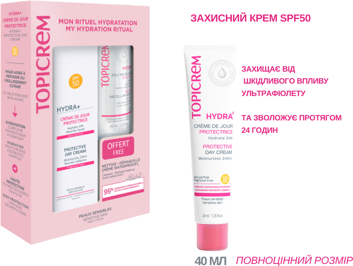Набор Topicrem Hydra+ Защитный дневной крем spf 50+ 40 мл + Нежная мицеллярная вода 40 мл (3700281705201) - изображение 3