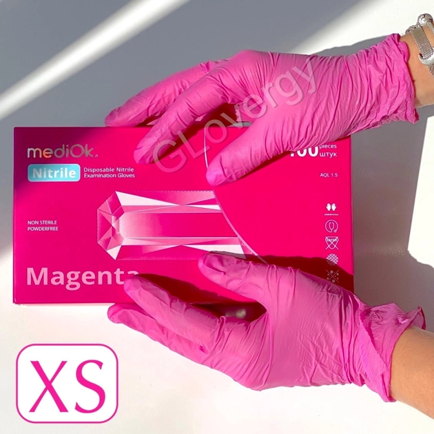 Перчатки нитриловые Mediok Magenta размер XS ярко розового цвета 100 шт - изображение 1