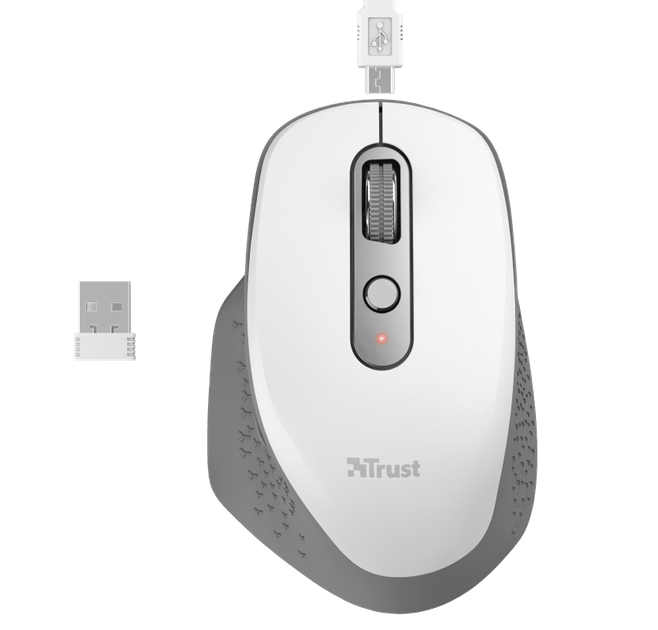 Мышь беспроводная Trust Ozaa Rechargeable, White, оптическая, 800/1200/1600/2400 dpi, 6 кнопок, эргономичный дизайн, встроенная ионно-литиевая батарея (24035) - изображение 3