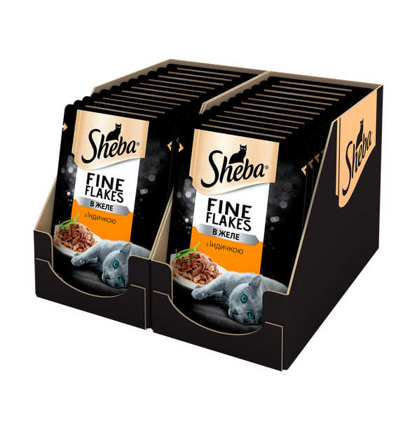Упаковка вологого корму для котів Sheba Fine Flakes з індичкою для котів шматочки в желе 24 шт. * 85 г - Фото 1 Упаковка вологого корму для котів Sheba Fine Flakes з індичкою для котів шматочки в желе 24 шт. * 85 г - зображення 1
